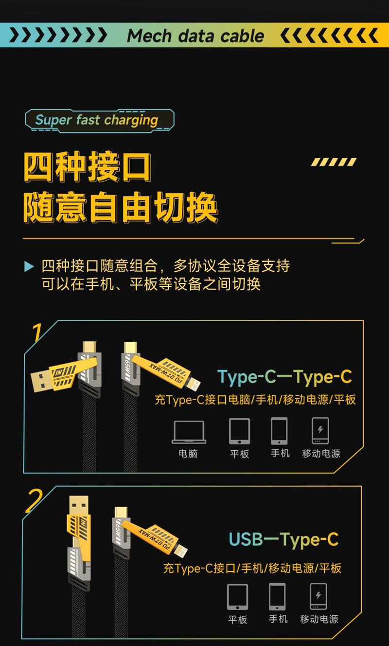 電競四合一高顏值多頭數據線磁吸充電線快充適用於華為蘋果機